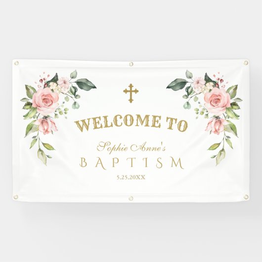 Elegantes Rosa Blush Blume Taufe Begrüßungszeichen Banner (Horizontal)