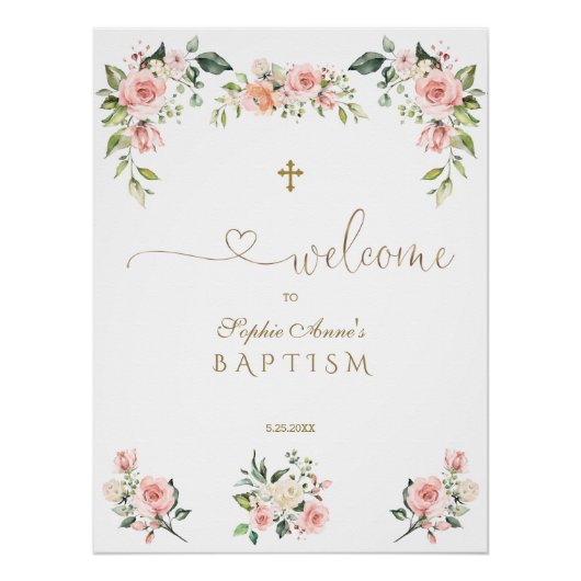Elegantes Rosa Blush Blume Taufe Begrüßungszeichen Poster (Vorderseite)