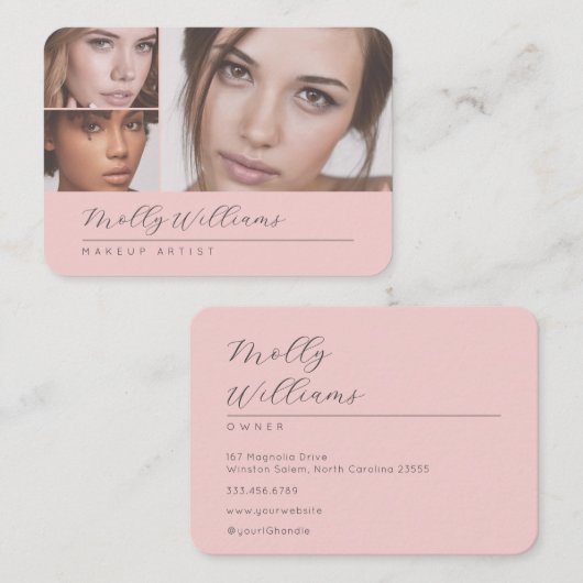 Elegantes Rosa-Blush-Schwarz-Script-3-Foto-Make-up Visitenkarte (Vorne/Hinten)