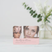 Elegantes Rosa-Blush-Schwarz-Script-3-Foto-Make-up Visitenkarte (Stehend Vorderseite)