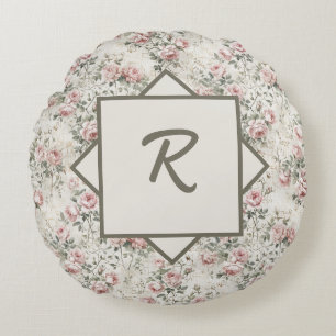 Elegantes Rosa-Blush-Vintage-Monogramm-Blumenmuste Rundes Kissen