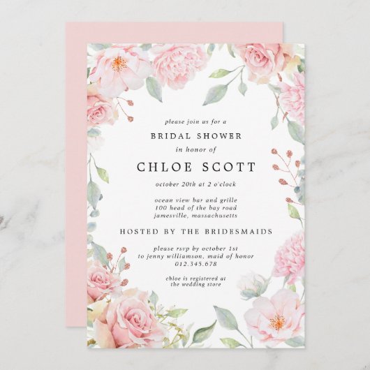 Elegantes Rosa Blüten und Rose Gold Brautparty\ Einladung (Vorne/Hinten)