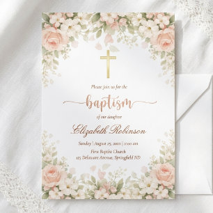 Elegantes Rosa Blütengold Kreuz Taufe Einladung