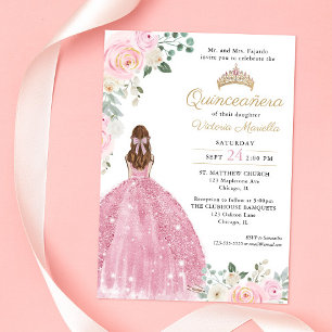 Elegantes Rosa Blütengold Quinceañera 15. Einladung