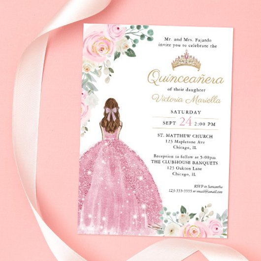 Elegantes Rosa Blütengold Quinceañera 15. Einladung
