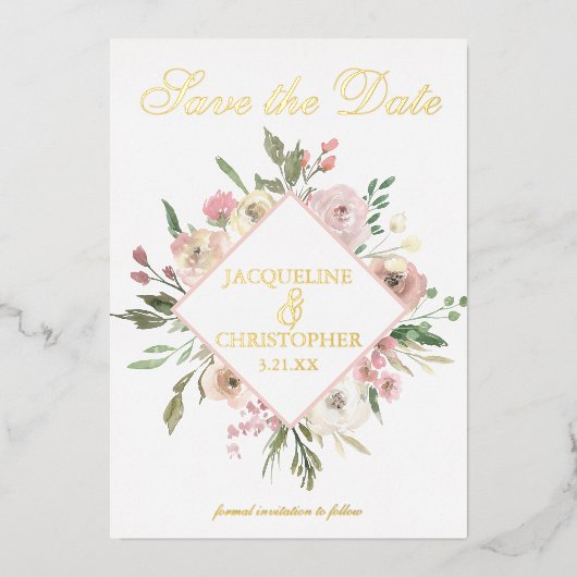 Elegantes Rosa Blütenpink Save the Date Gold Folieneinladung (Vorderseite)