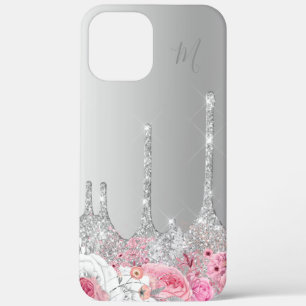 Elegantes Rosa Blütensilber Glitzer Tropfen Monogr Case-Mate iPhone Hülle