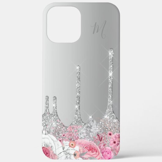 Elegantes Rosa Blütensilber Glitzer Tropfen Monogr Case-Mate iPhone Hülle (Rückseite)