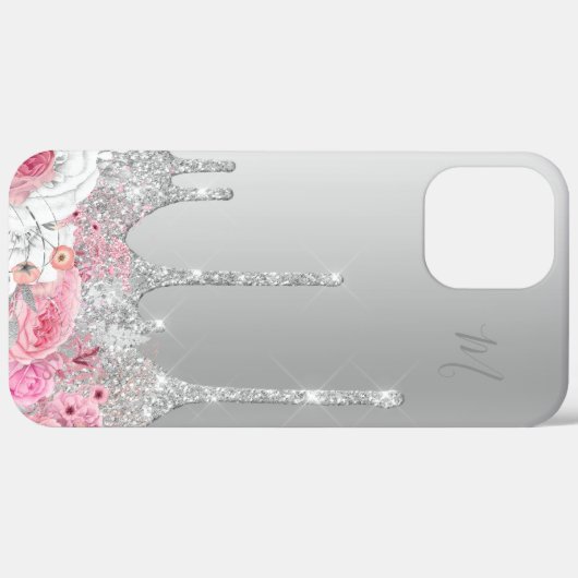 Elegantes Rosa Blütensilber Glitzer Tropfen Monogr Case-Mate iPhone Hülle (Hinten (horizontal))
