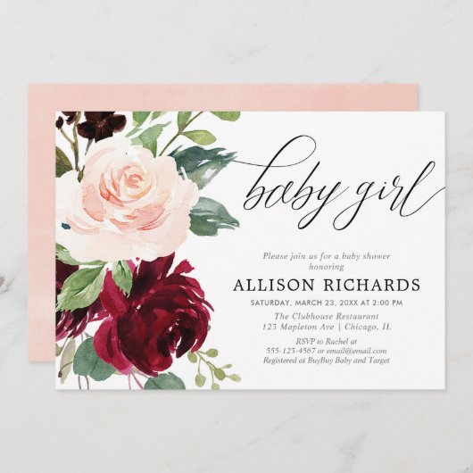 Elegantes Rosa Bordeaux-Mädchen Einladung (Vorne/Hinten)