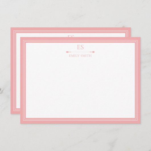 Elegantes rosa Border Monogramm Mitteilungskarte (Vorne/Hinten)