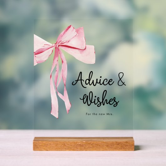 Elegantes rosa Bow Advice & Wishings Brautparty Acrylschild (Neutral)