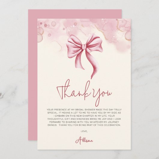 Elegantes Rosa-Bow-Brautparty Dankeskarte (Vorne/Hinten)
