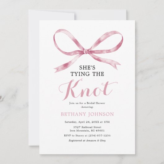 Elegantes Rosa-Bow-Brautparty Einladung (Vorderseite)