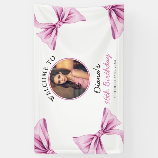 Elegantes Rosa Bow Coquette Foto Sweet 16 Birthday Banner (Vertikal)