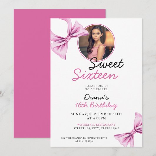 Elegantes Rosa Bow Coquette Foto Sweet 16 Birthday Einladung (Vorne/Hinten)