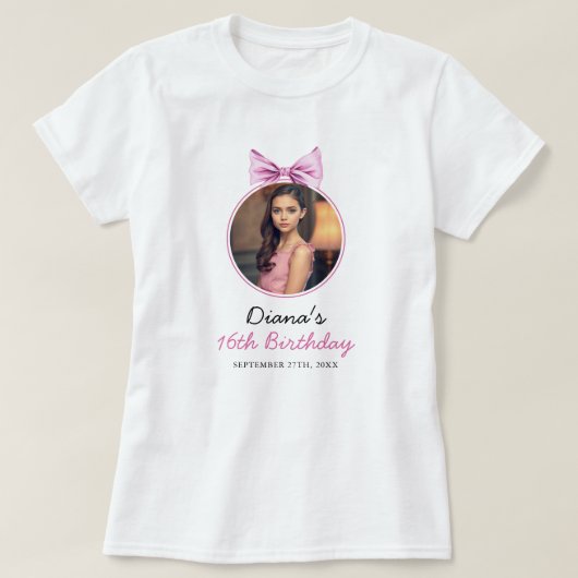 Elegantes Rosa Bow Coquette Foto Sweet 16 Birthday T-Shirt (Design vorne)