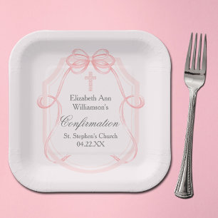 Elegantes rosa Bow Ribbon Confirmation Party Pappteller