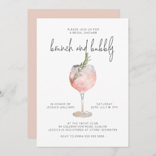 Elegantes rosa Brunch & Bubbly Brautparty Einladung (Vorne/Hinten)