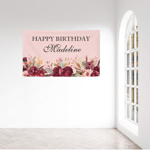Elegantes Rosa-Burgunder-Rosen-Happy-Birthday Banner