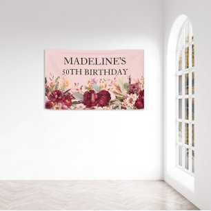Elegantes rosa-burgunderrotes Blumenmotiv zum 50. Banner