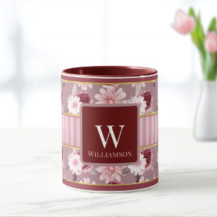 Elegantes rosa Burgundy Floral Stripe Monogramm Tasse