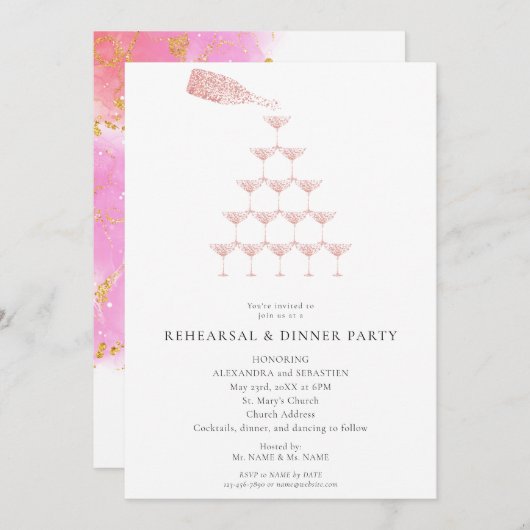Elegantes Rosa Champagner Probe Abendessen Einladung (Vorne/Hinten)