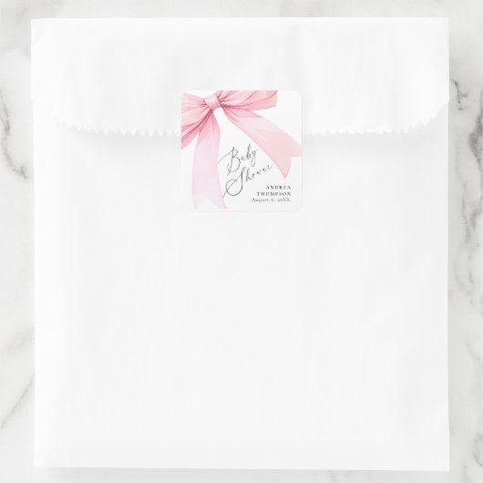 Elegantes rosa Coquette Bow Baby Shower Girl Quadratischer Aufkleber (Tasche)
