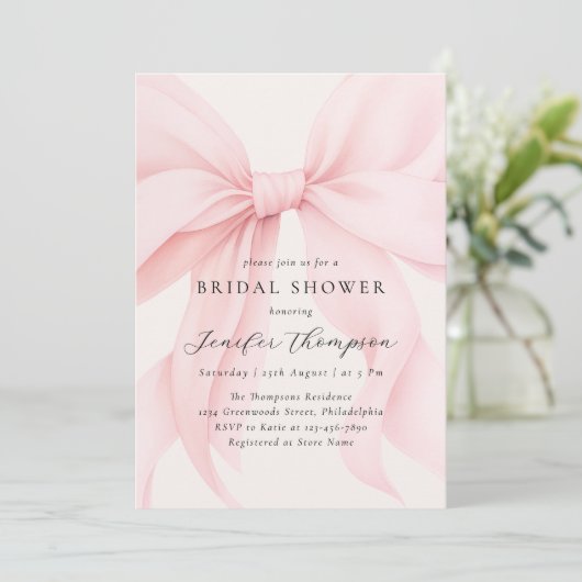 Elegantes rosa Coquette Bow Brautparty Einladung (Stehend Vorderseite)