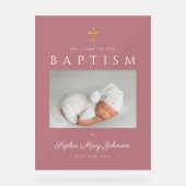 Elegantes Rosa Cross Foto Taufe Acrylschild (Vorderseite)