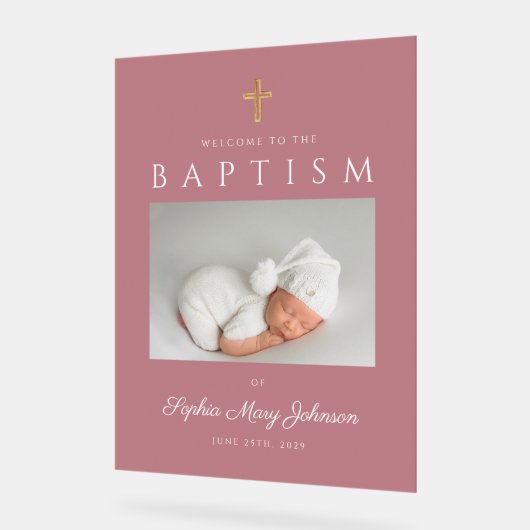 Elegantes Rosa Cross Foto Taufe Acrylschild (Winkel)