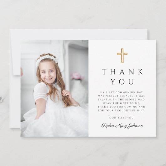 Elegantes Rosa Cross Girl Foto Erste Kommune Dankeskarte (Vorderseite)