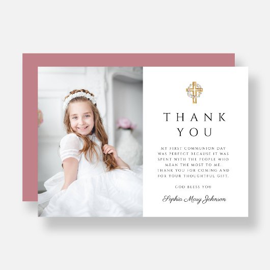 Elegantes Rosa Cross Girl Foto Erste Kommune Dankeskarte