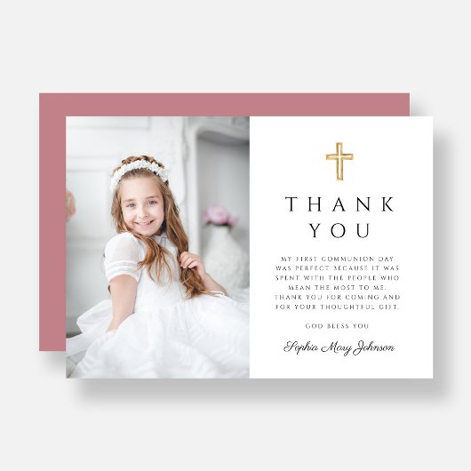Elegantes Rosa Cross Girl Foto Erste Kommune Dankeskarte