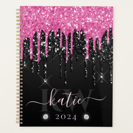Elegantes rosa Dripping Glitzer Monogram Planer (Vorderseite)
