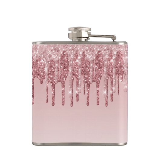 Elegantes rosa Dripping-Imitats Glitzer Monogram Flachmann (Rückseite)
