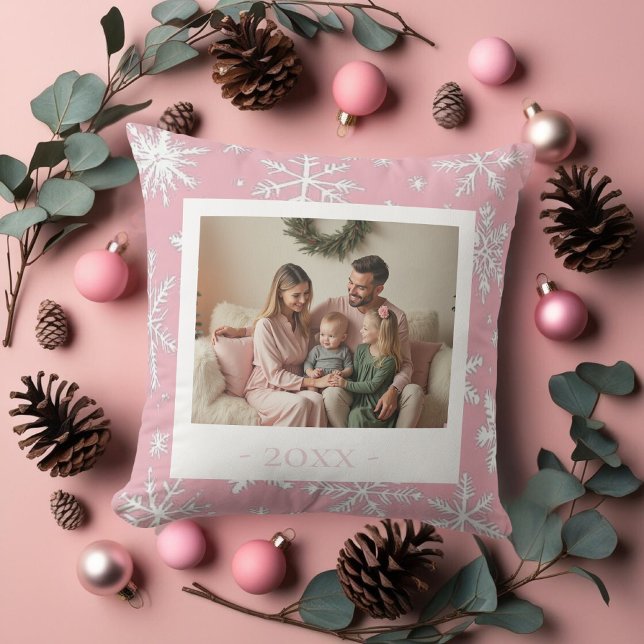 Elegantes Rosa ein Foto Schneeflocken Kissen (Elegant Pink one photo Snowflakes Throw Pillow)