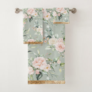 Elegantes Rosa Eukalyptus Sage Green Gold Badhandtuch Set