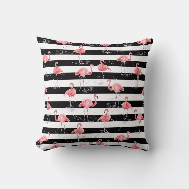 Elegantes rosa Flamingo Schwarze Streifen Muster Kissen (Vorderseite)