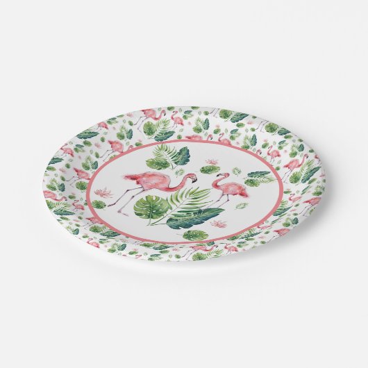 Elegantes rosa Flamingo tropisches Blätter Muster Pappteller (Schrägansicht)