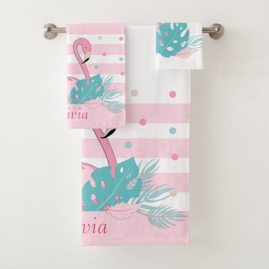 Elegantes rosa Flamingo und tropisches Blätter Badhandtuch Set (Insitu)