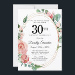 Elegantes Rosa Flora 30. Geburtstag Party Einladung<br><div class="desc">Weich rosa Rosen schaffen ein wunderschönes Blumendesign auf dieser eleganten Geburtstagseinladung. Die rosa Rosen sind in tiefgrüne Blätter eingebettet. Die Rose und Blätter sind mit einem schicken Goldrahmen aus mehreren Strängen geschmückt. Die Rückseite der Einladung ist pink. Diese Einladung ist Teil der Sammlung Elegant Pink Floral. Es enthält Vorlagen, um...</div>