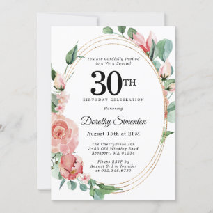 Elegantes Rosa Flora 30. Geburtstag Party Einladung