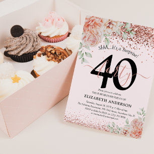 Elegantes Rosa Flora & Glitzer 40. Geburtstag Part Einladung