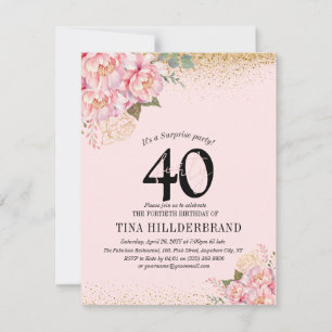 Elegantes Rosa Flora & Glitzer 40. Geburtstag Part Einladung