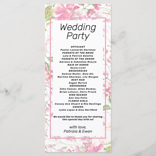 Elegantes rosa Floral Flat Wedding Programm (Rückseite)