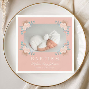 Elegantes Rosa Floral Girl Taufe Foto Serviette