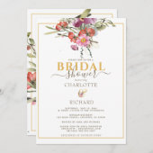 Elegantes Rosa Floral Gold Ampersand Brautparty Einladung (Vorne/Hinten)