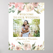 Elegantes Rosa Floral Gold Foto Hochzeit Willkomme Poster (Vorne)