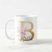 Elegantes Rosa Floral Gold Letter Monogram B